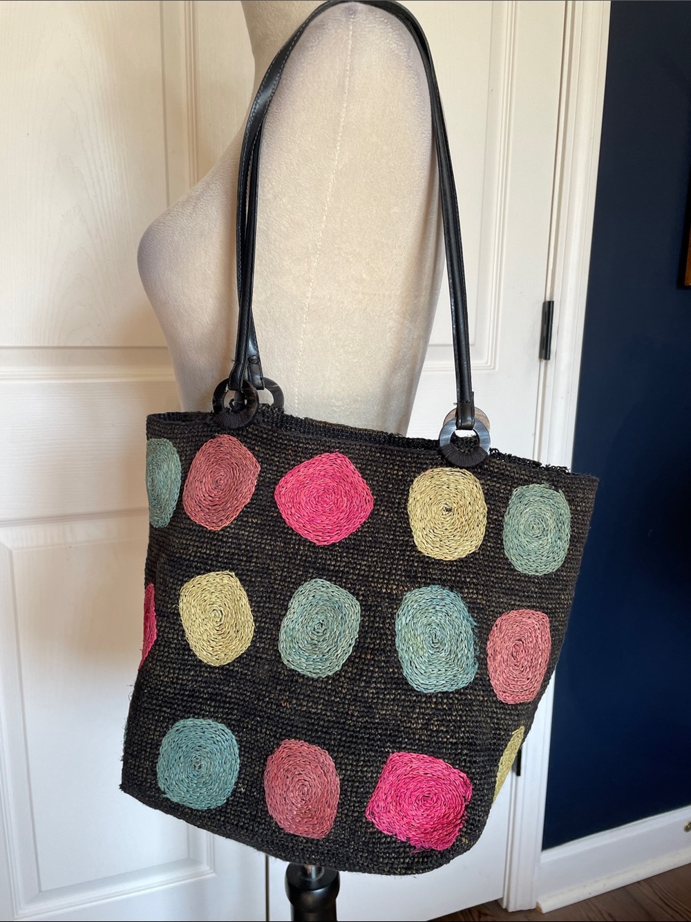 Annabel Ingall Australia Black Raffia Woven Polka Dot Tote Bag Leather Straps